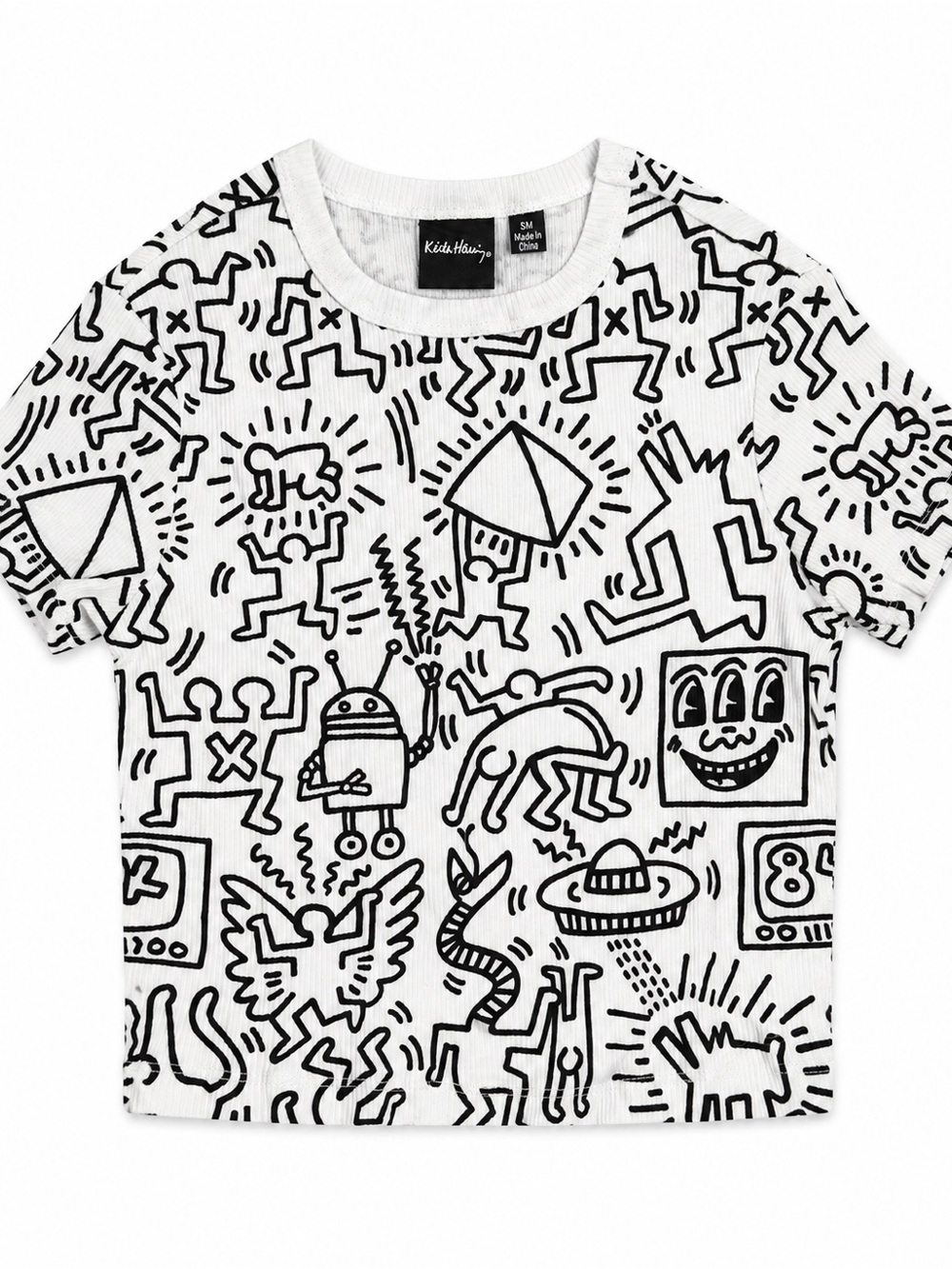 Keith Haring Women’s Ribbed Crop Top All Over Graphic Art Tee White Black XS-XL